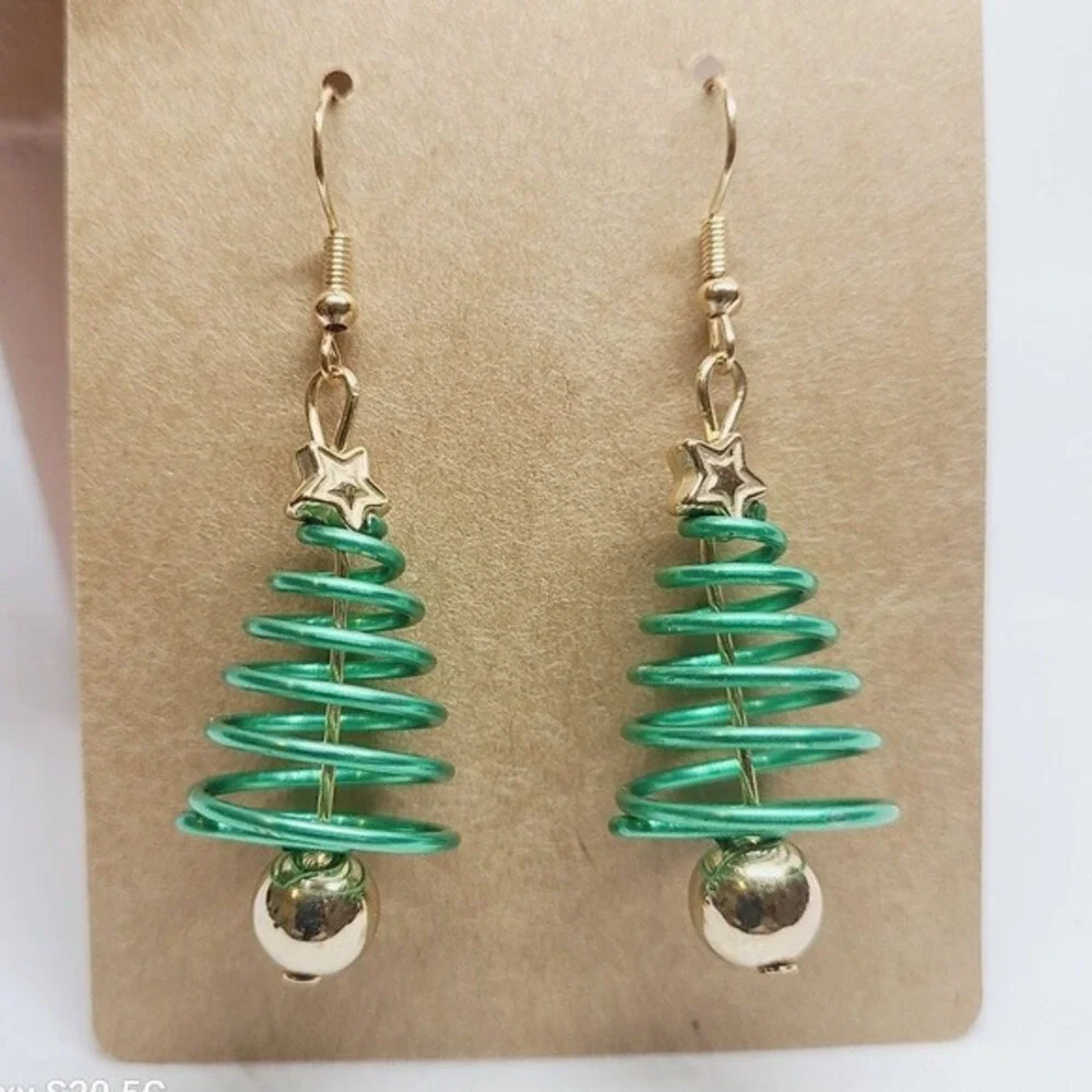 Green Spiral Christmas Tree Drop Earrings Gold Star‎ Holiday Jewelry 1.75